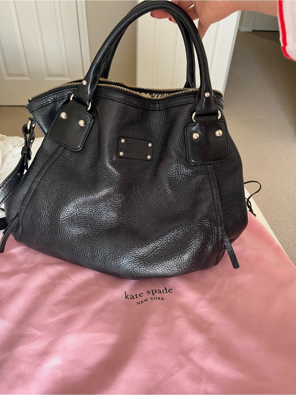 Vintage Kate Spade leather tote with crossbody strap. Black with Gold Hardware
